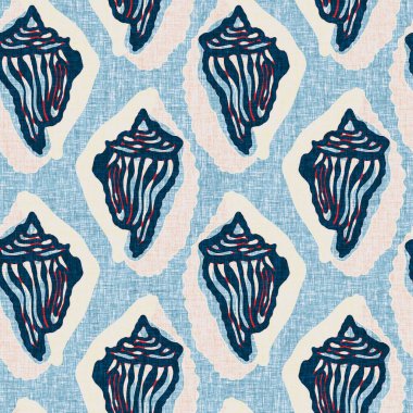 Indigo Blue Seashell deniz kabuğu kusursuz desen. Klasik nantucket kumaş, tekstil, blok baskı tarzında modern deniz kabuğu baskısı. Yaz 2 ton yüksek kontrastlı jpg fayans örneği
