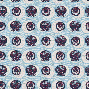 Indigo Blue Seashell deniz kabuğu kusursuz desen. Klasik nantucket kumaş, tekstil, blok baskı tarzında modern deniz kabuğu baskısı. Yaz 2 ton yüksek kontrastlı jpg fayans örneği
