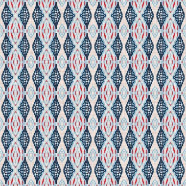 İndigo mavisi, kırmızı, batik, jeo, denizcilik, kusursuz desen. Modern marin geometrik kaleydoskop denizci baskısı. Nantucket kumaş tarzı. Yaz kırsal erkeksi aşınmış keten efekti deniz dekoru. 