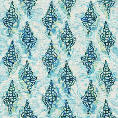 Ege Teal deniz kabuğu deniz kabuğu kusursuz desen. Grunge ev dekorasyonu kumaş tekstil ürünleri için soluk keten efekt arka planı. 