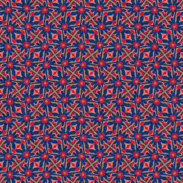 Indian boho summer bandana seamless symmetrical pattern. Versatile masculine red blue scarf print in kaleidoscopic floral ornamental style. — Stock Photo, Image