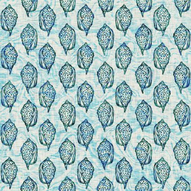 Ege Teal deniz kabuğu deniz kabuğu kusursuz desen. Grunge ev dekorasyonu kumaş tekstil ürünleri için soluk keten efekt arka planı. 