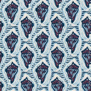 Indigo Blue Seashell deniz kabuğu kusursuz desen. Klasik nantucket kumaş, tekstil, blok baskı tarzında modern deniz kabuğu baskısı. Yaz 2 ton yüksek kontrastlı jpg fayans örneği