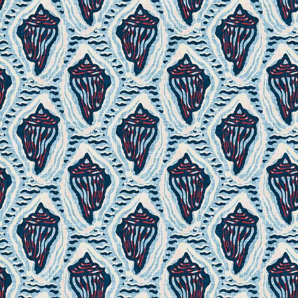 Indigo Blue Seashell deniz kabuğu kusursuz desen. Klasik nantucket kumaş, tekstil, blok baskı tarzında modern deniz kabuğu baskısı. Yaz 2 ton yüksek kontrastlı jpg fayans örneği