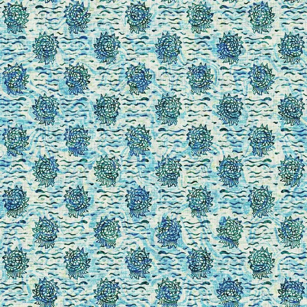 Ege Teal deniz kabuğu deniz kabuğu kusursuz desen. Grunge ev dekorasyonu kumaş tekstil ürünleri için soluk keten efekt arka planı. 