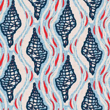 Indigo Blue Seashell deniz kabuğu kusursuz desen. Klasik nantucket kumaş, tekstil, blok baskı tarzında modern deniz kabuğu baskısı. Yaz 2 ton yüksek kontrastlı jpg fayans örneği