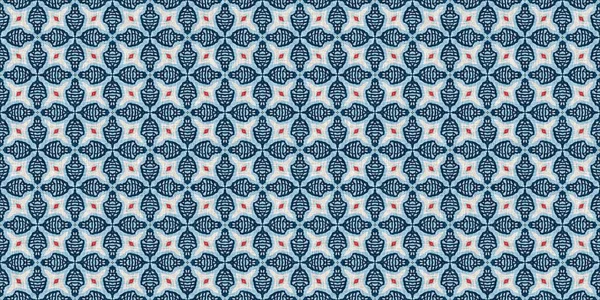 Синій червоний батик Didigo geo nautical seamless border. Сучасний геометричний калейдоскоп. Стиль текстильної тканини Нантакет. Літня сільська чоловіча тканина носила лляний ефект вирізання стрічки. — стокове фото