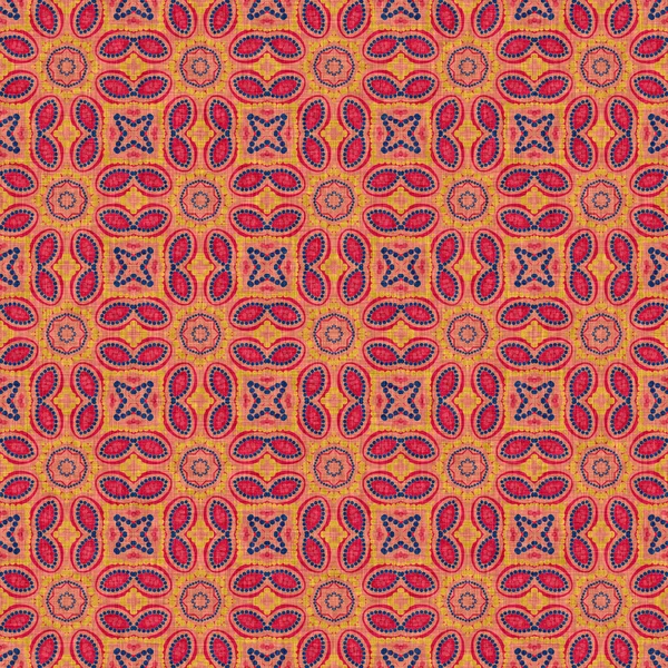 Indian boho summer bandana seamless symmetrical pattern. Versatile masculine red blue scarf print in kaleidoscopic floral ornamental style. — 스톡 사진