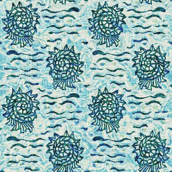 Ege Teal deniz kabuğu deniz kabuğu kusursuz desen. Grunge ev dekorasyonu kumaş tekstil ürünleri için soluk keten efekt arka planı. 