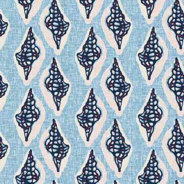 Indigo Blue Seashell deniz kabuğu kusursuz desen. Klasik nantucket kumaş, tekstil, blok baskı tarzında modern deniz kabuğu baskısı. Yaz 2 ton yüksek kontrastlı jpg fayans örneği