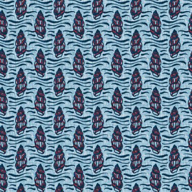 Indigo Blue Seashell deniz kabuğu kusursuz desen. Klasik nantucket kumaş, tekstil, blok baskı tarzında modern deniz kabuğu baskısı. Yaz 2 ton yüksek kontrastlı jpg fayans örneği