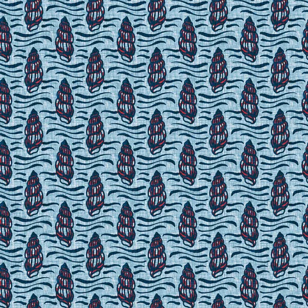 Indigo Blue Seashell deniz kabuğu kusursuz desen. Klasik nantucket kumaş, tekstil, blok baskı tarzında modern deniz kabuğu baskısı. Yaz 2 ton yüksek kontrastlı jpg fayans örneği
