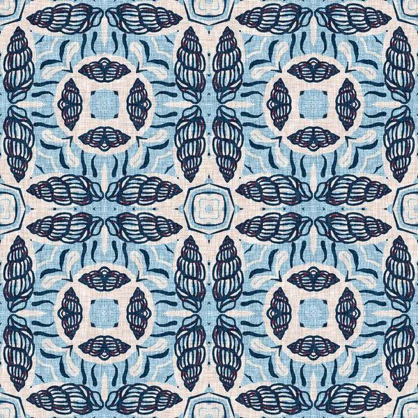 Indigo blue red batik geo nautical seamless pattern. Modern marin geometric kaleidoscope sailor print. Nantucket fabric textile style. Summer rustic masculine worn linen effect maritime decor. — Stock Photo, Image
