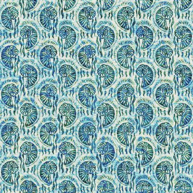 Ege Teal deniz kabuğu deniz kabuğu kusursuz desen. Grunge ev dekorasyonu kumaş tekstil ürünleri için soluk keten efekt arka planı. 