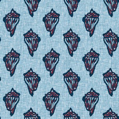 Indigo Blue Seashell deniz kabuğu kusursuz desen. Klasik nantucket kumaş, tekstil, blok baskı tarzında modern deniz kabuğu baskısı. Yaz 2 ton yüksek kontrastlı jpg fayans örneği