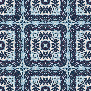 İndigo mavisi, kırmızı, batik, jeo, denizcilik, kusursuz desen. Modern marin geometrik kaleydoskop denizci baskısı. Nantucket kumaş tarzı. Yaz kırsal erkeksi aşınmış keten efekti deniz dekoru. 