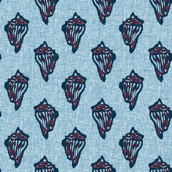 Indigo Blue Seashell deniz kabuğu kusursuz desen. Klasik nantucket kumaş, tekstil, blok baskı tarzında modern deniz kabuğu baskısı. Yaz 2 ton yüksek kontrastlı jpg fayans örneği