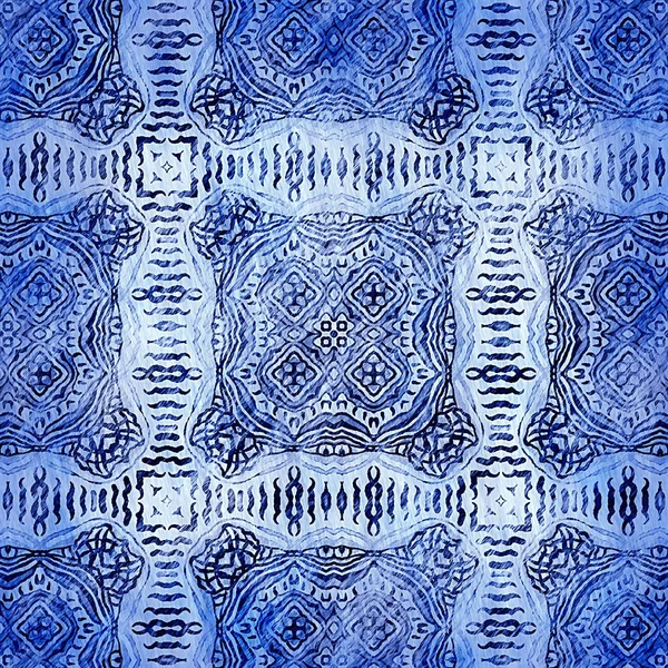Indigo blauwe grunge wassen linnen print patroon. Moderne rustieke nantucket noodlijdende stof textiel effect achtergrond in nautische maritieme stijl. Mannelijke stropdas kleurstof gedragen home deco mode geometrisch ontwerp — Stockfoto