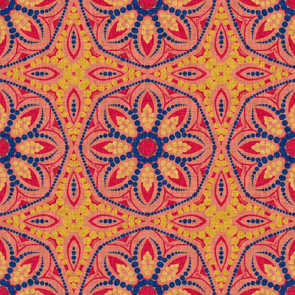 Indiase boho zomer bandana naadloos symmetrisch patroon. Veelzijdige mannelijke rode blauwe sjaal print in kaleidoscopische bloemen ornamentale stijl. — Stockfoto