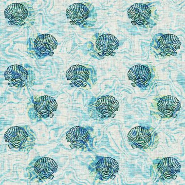 Ege Teal deniz kabuğu deniz kabuğu kusursuz desen. Grunge ev dekorasyonu kumaş tekstil ürünleri için soluk keten efekt arka planı. 