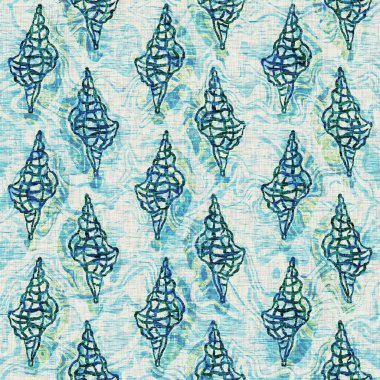 Ege Teal deniz kabuğu deniz kabuğu kusursuz desen. Grunge ev dekorasyonu kumaş tekstil ürünleri için soluk keten efekt arka planı. 