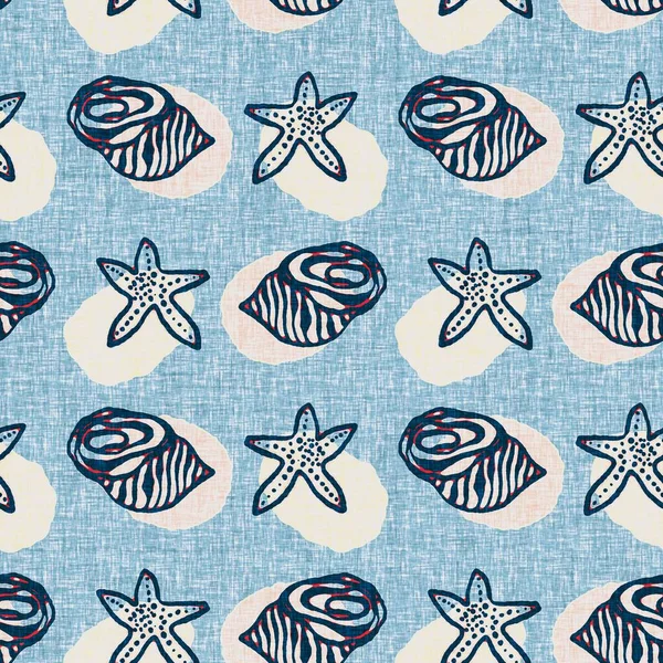 Indigo Blue Seashell padrão náutico sem costura. Impressão de concha marinha moderna em tecido de nantucket clássico estilo de impressão de bloco desenhado à mão têxtil. Verão 2 tom de alto contraste jpg swatch telha — Fotografia de Stock