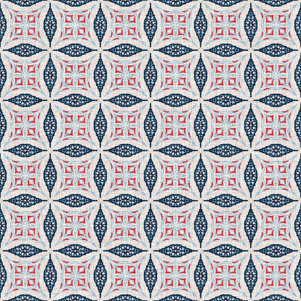 Indigo blue red batik geo nautical seamless pattern. Modern marin geometric kaleidoscope sailor print. Nantucket fabric textile style. Summer rustic masculine worn linen effect maritime decor. — ストック写真