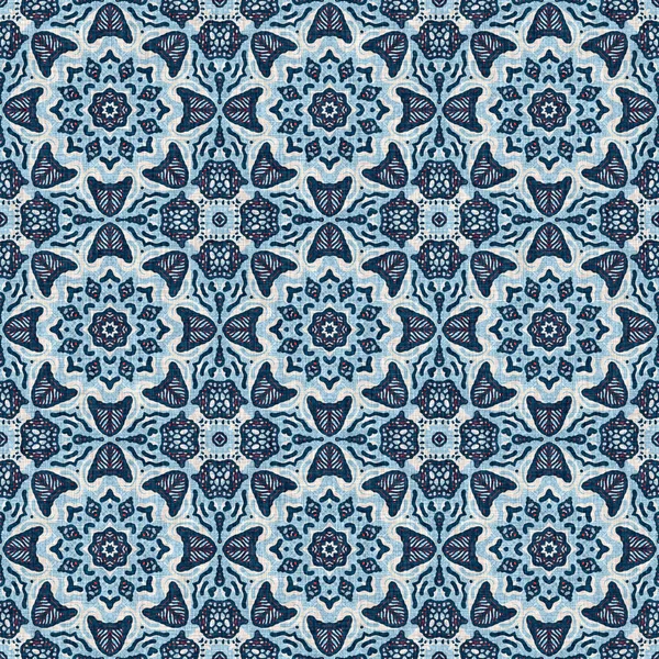 Indigo blue red batik geo nautical seamless pattern. Modern marin geometric kaleidoscope sailor print. Nantucket fabric textile style. Summer rustic masculine worn linen effect maritime decor. — ストック写真