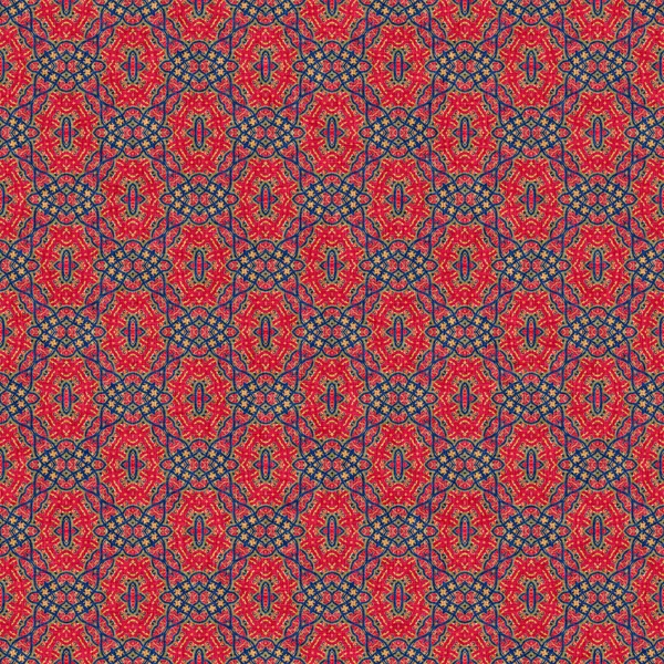 Indian boho summer bandana seamless symmetrical pattern. Versatile masculine red blue scarf print in kaleidoscopic floral ornamental style. — Photo