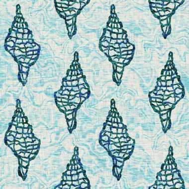 Ege Teal deniz kabuğu deniz kabuğu kusursuz desen. Grunge ev dekorasyonu kumaş tekstil ürünleri için soluk keten efekt arka planı. 