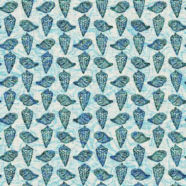 Ege Teal deniz kabuğu deniz kabuğu kusursuz desen. Grunge ev dekorasyonu kumaş tekstil ürünleri için soluk keten efekt arka planı. 