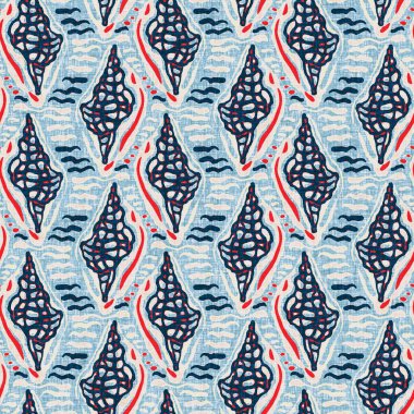 Indigo Blue Seashell deniz kabuğu kusursuz desen. Klasik nantucket kumaş, tekstil, blok baskı tarzında modern deniz kabuğu baskısı. Yaz 2 ton yüksek kontrastlı jpg fayans örneği