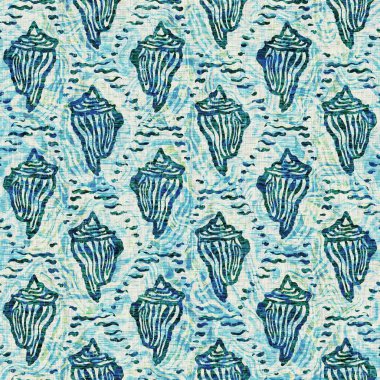 Ege Teal deniz kabuğu deniz kabuğu kusursuz desen. Grunge ev dekorasyonu kumaş tekstil ürünleri için soluk keten efekt arka planı. 