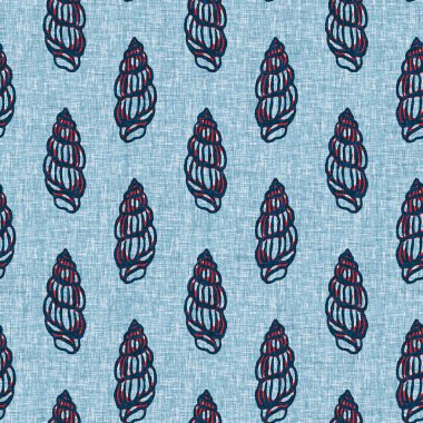 Indigo Blue Seashell deniz kabuğu kusursuz desen. Klasik nantucket kumaş, tekstil, blok baskı tarzında modern deniz kabuğu baskısı. Yaz 2 ton yüksek kontrastlı jpg fayans örneği