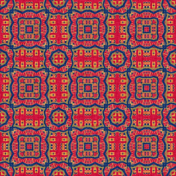 Indian boho summer bandana seamless symmetrical pattern. Versatile masculine red blue scarf print in kaleidoscopic floral ornamental style. — ストック写真