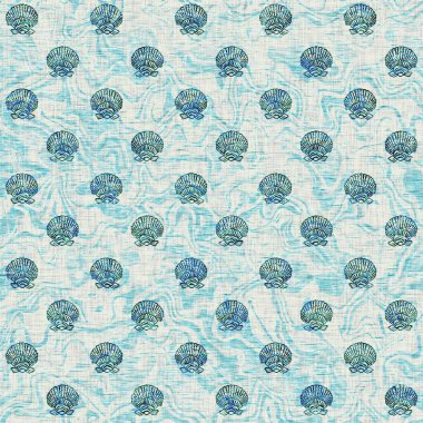 Ege Teal deniz kabuğu deniz kabuğu kusursuz desen. Grunge ev dekorasyonu kumaş tekstil ürünleri için soluk keten efekt arka planı. 