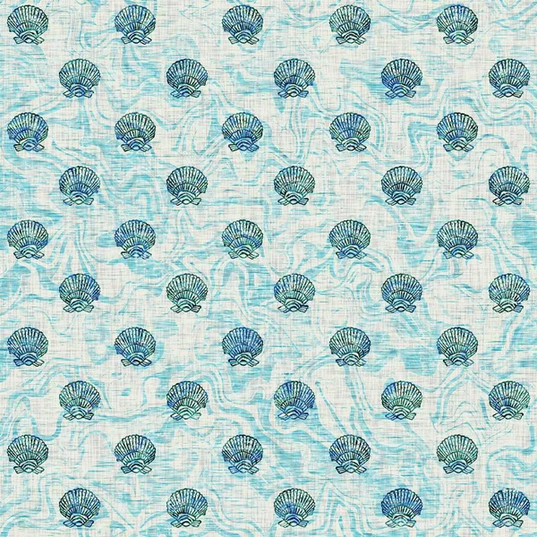 Ege Teal deniz kabuğu deniz kabuğu kusursuz desen. Grunge ev dekorasyonu kumaş tekstil ürünleri için soluk keten efekt arka planı. 