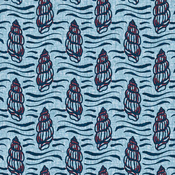 Indigo Blue Seashell deniz kabuğu kusursuz desen. Klasik nantucket kumaş, tekstil, blok baskı tarzında modern deniz kabuğu baskısı. Yaz 2 ton yüksek kontrastlı jpg fayans örneği