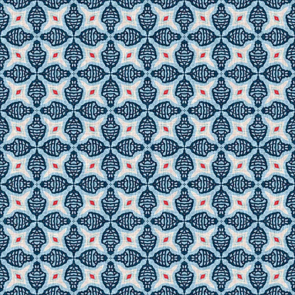 Indigo blue red batik geo nautical seamless pattern. Moderní marin geometrický kaleidoskop námořník tisk. Textilní styl Nantucketu. Letní rustikální mužské opotřebované prádlo efekt námořní výzdoba. — Stock fotografie