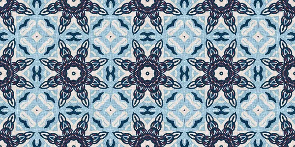 Indigo blå röd batik geo nautisk sömlös gräns mönster. Modern marin geometrisk kalejdoskop banner. Nantucket tyg textil stil. Sommar rustika maskulina slitna linne effekt kantband — Stockfoto