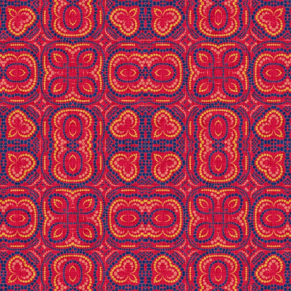 Indian boho summer bandana seamless symmetrical pattern. Versatile masculine red blue scarf print in kaleidoscopic floral ornamental style. — ストック写真