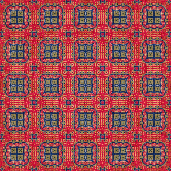 Indický boho letní šátek bezproblémový symetrický vzor. Všestranný mužský červený modrý šátek potisk v kaleidoskopickém květinovém ornamentálním stylu. — Stock fotografie