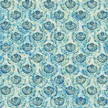 Ege Teal deniz kabuğu deniz kabuğu kusursuz desen. Grunge ev dekorasyonu kumaş tekstil ürünleri için soluk keten efekt arka planı. 