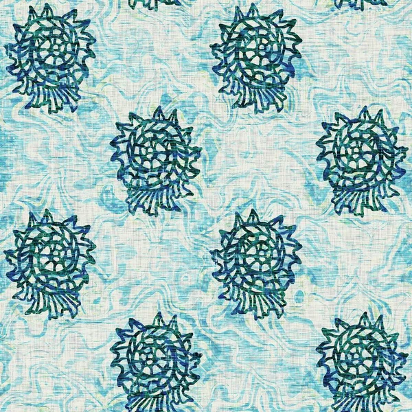Ege Teal deniz kabuğu deniz kabuğu kusursuz desen. Grunge ev dekorasyonu kumaş tekstil ürünleri için soluk keten efekt arka planı. 