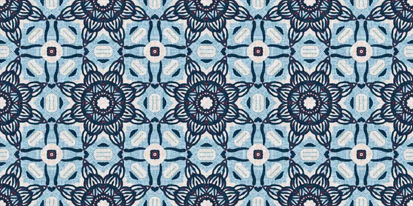 Indigo blauw rood batik geo nautische naadloze rand patroon. Moderne marin geometrische caleidoscoop banner. Nantucket stof textiel stijl. Zomer rustiek mannelijk versleten linnen effect rand tape — Stockfoto