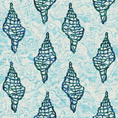 Ege Teal deniz kabuğu deniz kabuğu kusursuz desen. Grunge ev dekorasyonu kumaş tekstil ürünleri için soluk keten efekt arka planı. 