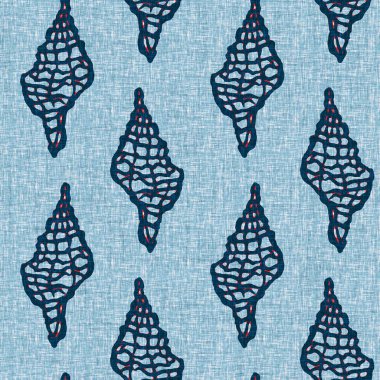 Indigo Blue Seashell deniz kabuğu kusursuz desen. Klasik nantucket kumaş, tekstil, blok baskı tarzında modern deniz kabuğu baskısı. Yaz 2 ton yüksek kontrastlı jpg fayans örneği