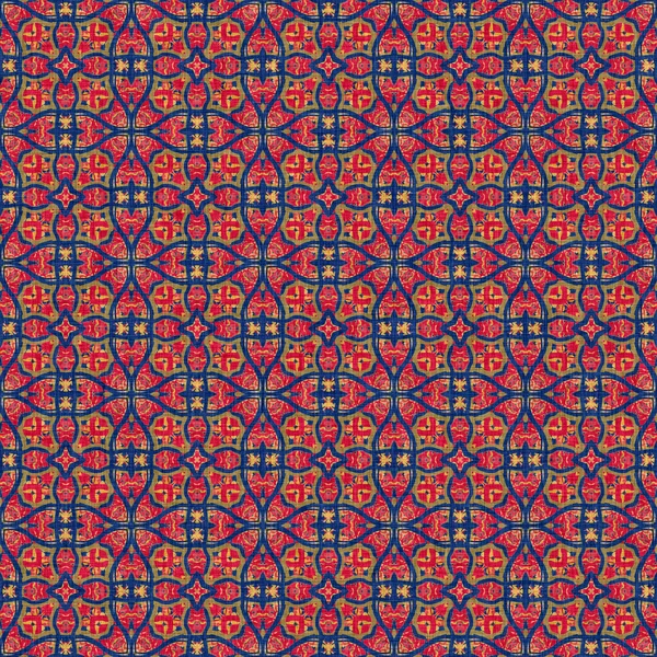 Indian boho summer bandana seamless symmetrical pattern. Versatile masculine red blue scarf print in kaleidoscopic floral ornamental style. — 스톡 사진