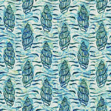 Ege Teal deniz kabuğu deniz kabuğu kusursuz desen. Grunge ev dekorasyonu kumaş tekstil ürünleri için soluk keten efekt arka planı. 