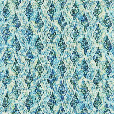 Ege Teal deniz kabuğu deniz kabuğu kusursuz desen. Grunge ev dekorasyonu kumaş tekstil ürünleri için soluk keten efekt arka planı. 